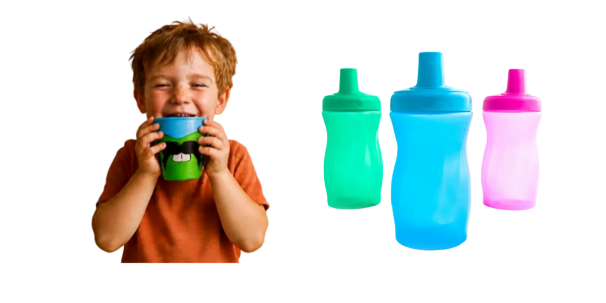 Young boy in orange shirt holding green Sip and Snap anyway 360 training cup with mustache and buck teeth design alongside green, blue, and pink easy grip swirl cups