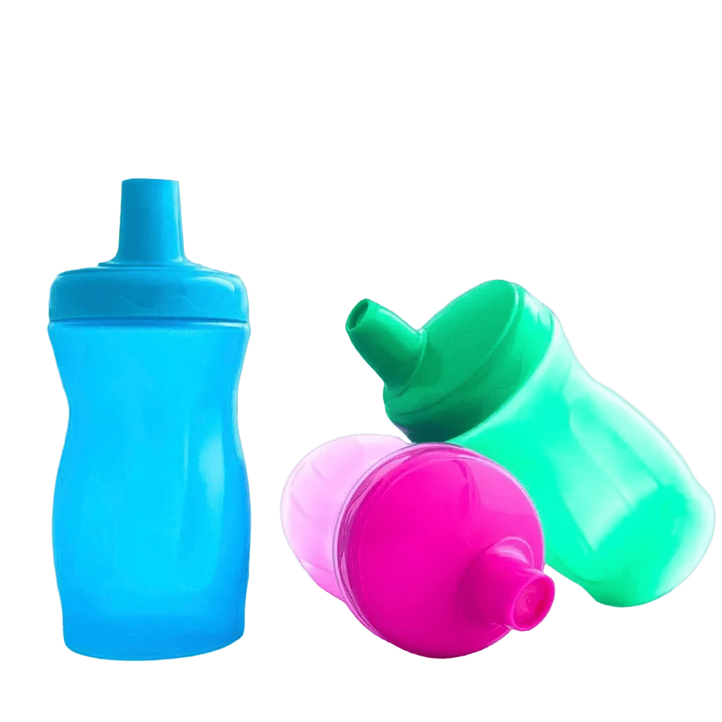 Sip and Snap Swirl toddler cups with easy-grip swirl bottle design in blue standing, pink lying down showing cap detail, and green leaning; component-free, silicone-free, Made in USA.