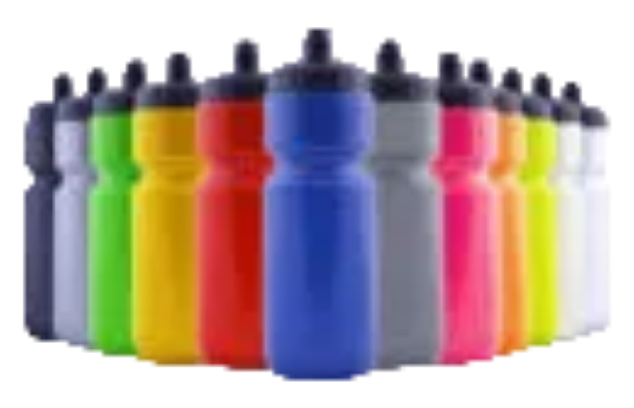A row of 25 oz HYDROSHOT plastic sports water bottles in multiple colors, including blue, red, yellow, green, gray, pink, orange, and white, arranged in a semi-circle.